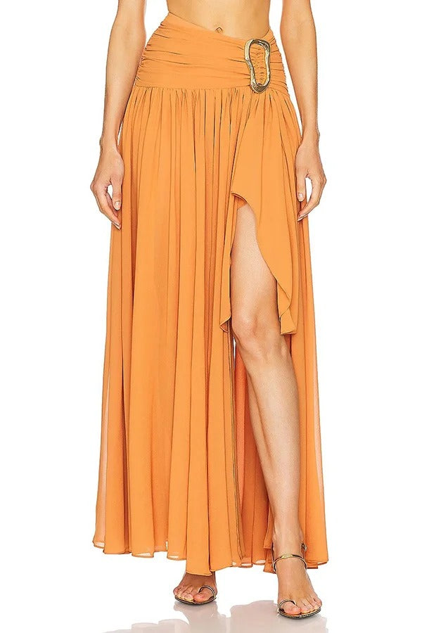 Urlaubs-Chic Chiffon High Rise Fließendes asymmetrisches drapiertes Maxirock-Set