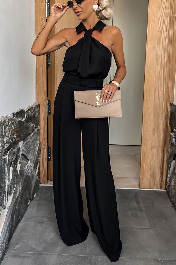 Modischer Jumpsuit mit Neckholder-Hemdkragen, Taschen und weitem Bein im einzigartigen Look