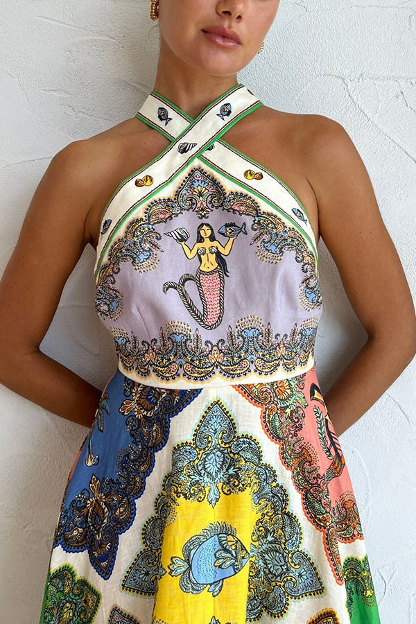 Ocean Legend – Neckholder-Midikleid aus Leinenmischung mit Meerjungfrauen-Print und Bindeband