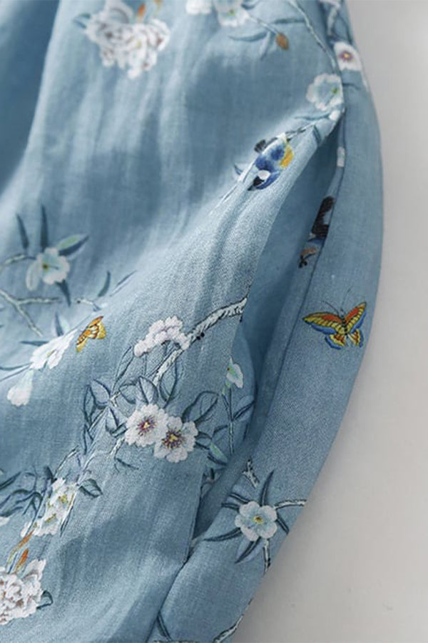 Robe fleurie en coton et lin à manches courtes et ceinture