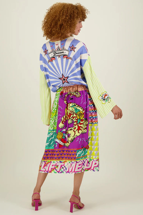 Boho Chic Satin Bunt Einzigartiger Druck Elastische Taille Tasche Urlaub Midirock