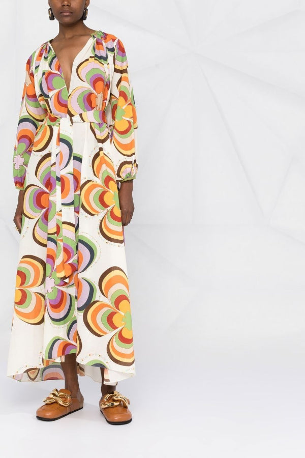 Boat Days – Lockeres Maxikleid mit einzigartigem Druck, Ballonärmeln und Taschen