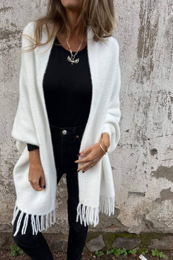 Warm Corner – Lässiger Schalkragen-Cardigan aus Plüsch mit Quastenbesatz