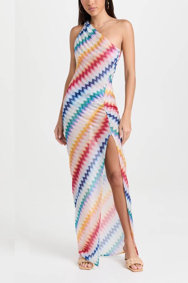 Vacay Charm Knit Colorful Zigzag Pattern One Shoulder Slit Maxi Dress