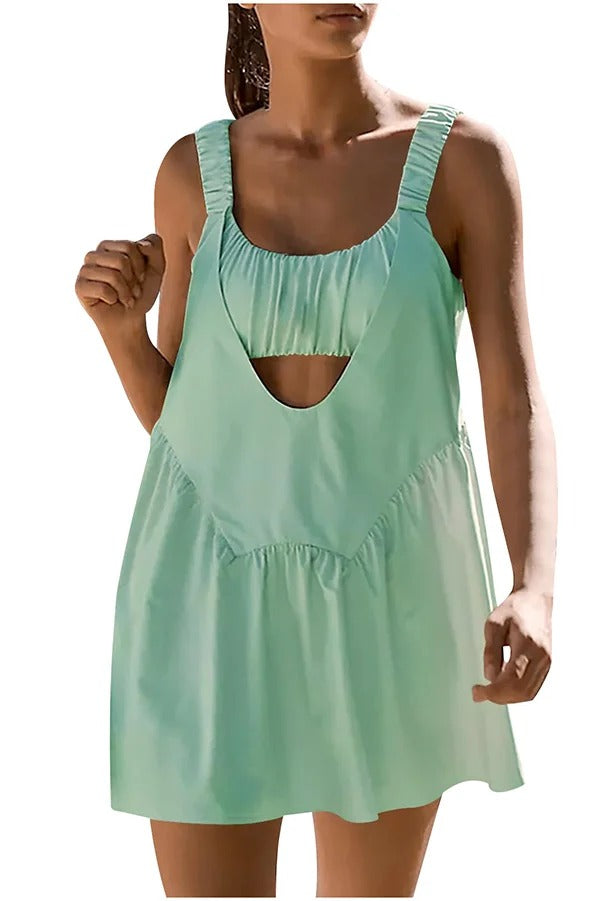 Sommerliches, sportliches, ärmelloses, rückenfreies Minikleid aus Leinenmischung