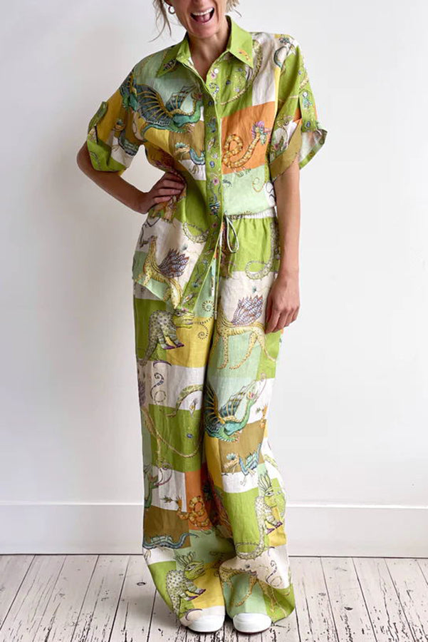 Chemisier oversize boutonné imprimé en lin mélangé Dragon Family