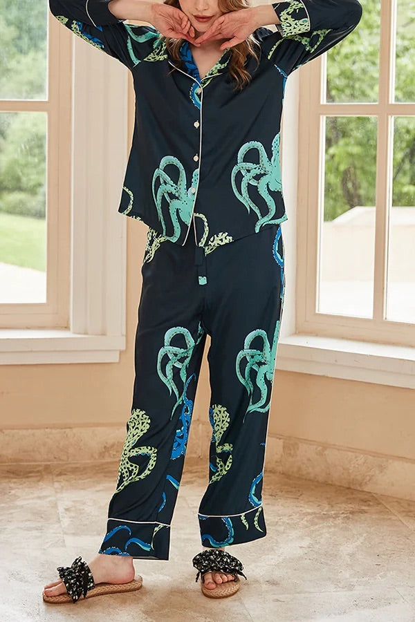 Schwarzes, langärmliges Home-Zweiteiler-Set mit Oktopus-Print