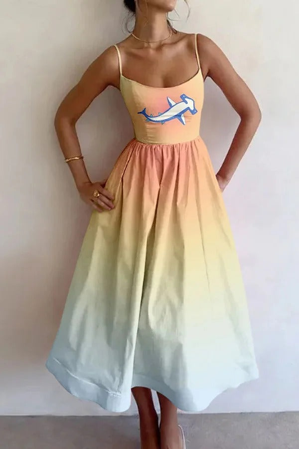 Buntes, einzigartig bedrucktes, sexy, schmales Midikleid mit Hosenträgern