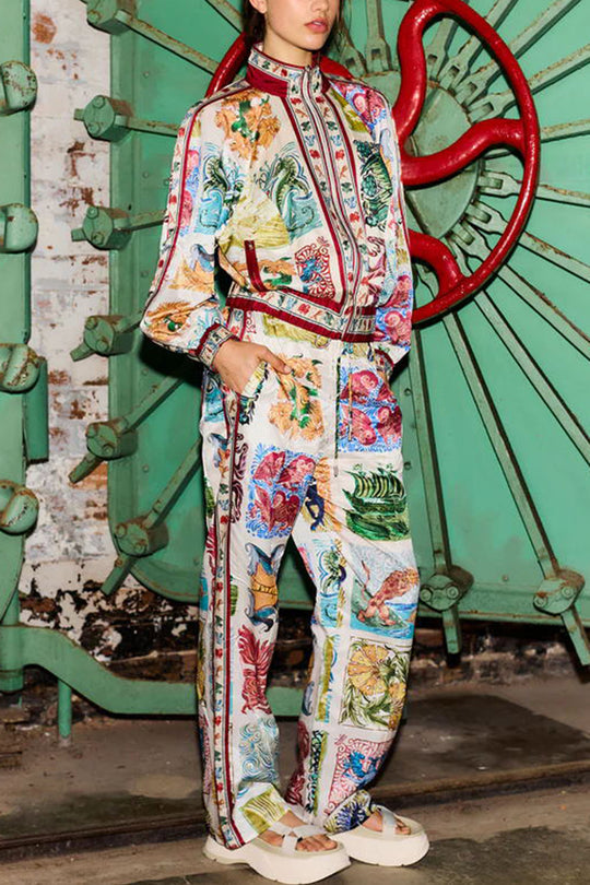 Wond A Land – Bomberjacke mit einzigartigem Druck, Reißverschlusstaschen und Ballonärmeln