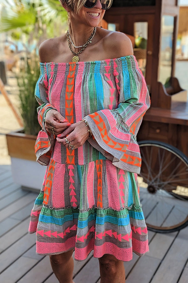 Friendly Shores – Schulterfreies, lockeres Minikleid aus Leinenmischung mit Ethno-Print