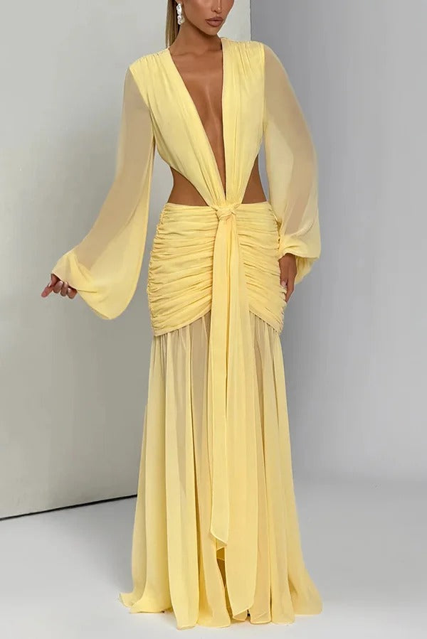 Deep Memories Chiffon Balloon Sleeve Cutout Ruched Drape Maxi Dress