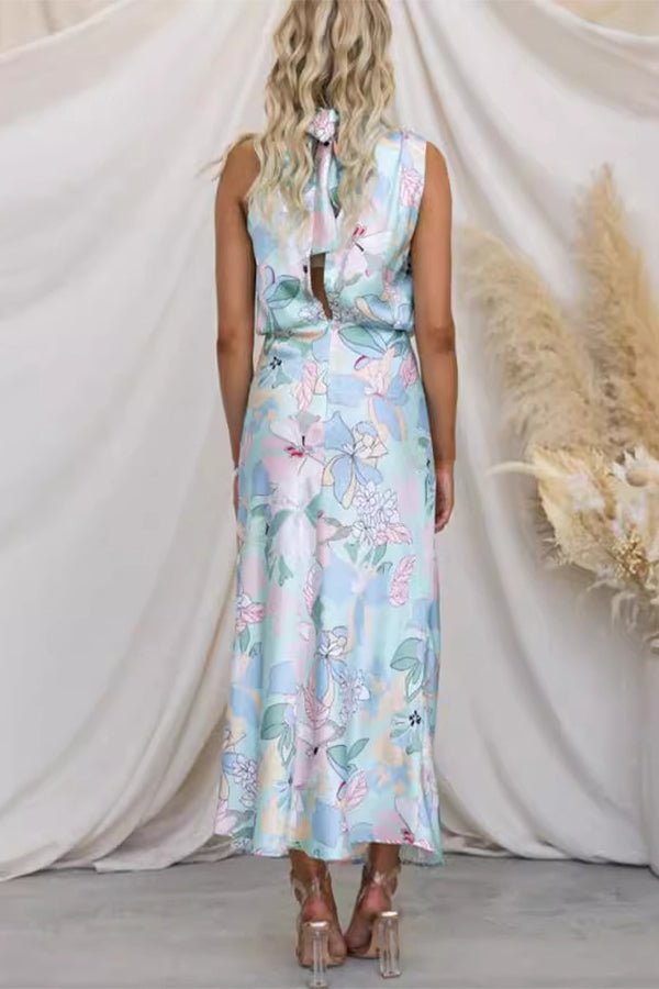 Ärmelloses Trägerkleid aus bedrucktem Satin