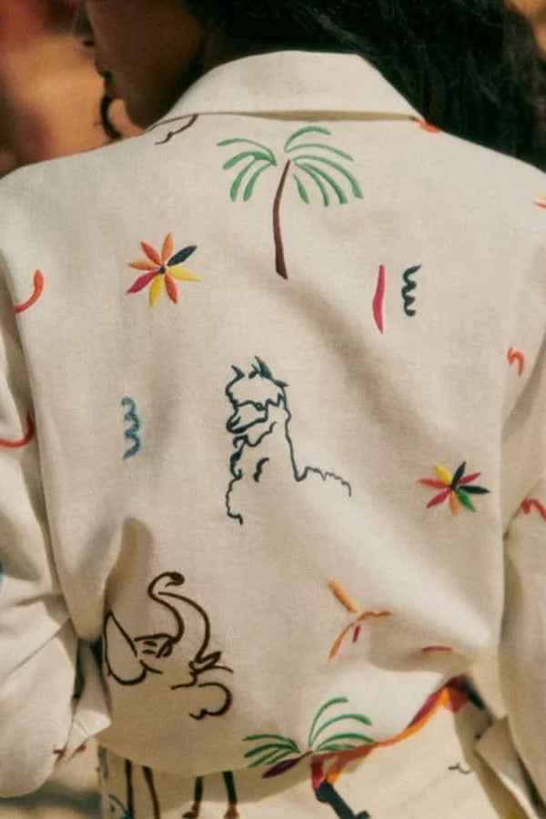 Chemisier ample à manches longues et boutons, imprimé unique, mélange de lin et de couleurs joyeuses