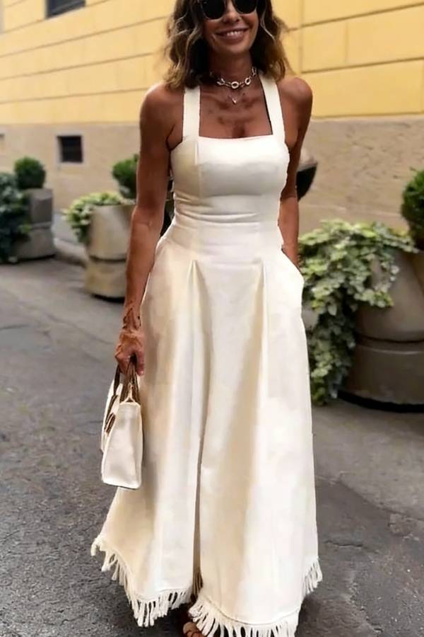 Viki Linen Blend Square Neck Wide Strap Side Button Pocket Tassel Trim Midi Dress
