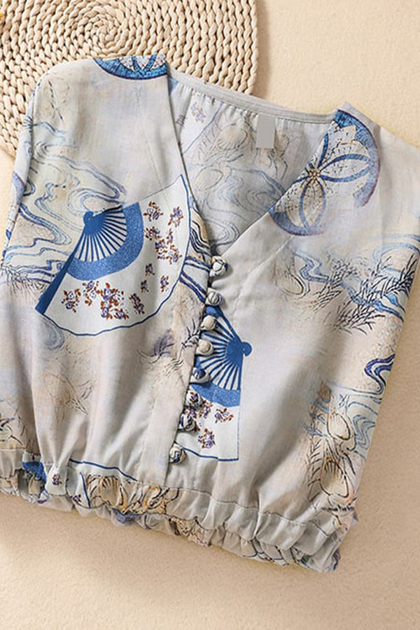 Bedrucktes, lockeres Kleid mit Schnürung an der Taille und Knöpfen