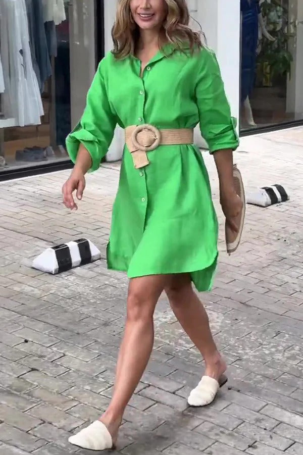 Einfarbiges, langärmliges Minikleid im Button-Down-Hemdstil aus Leinenmischung