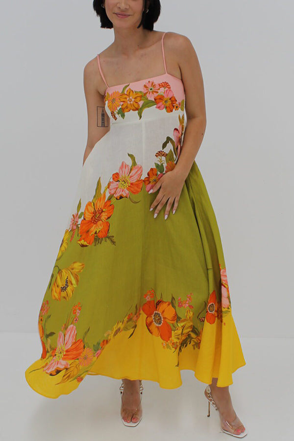 Robe longue Malakai en lin mélangé à imprimé floral contrasté et poches smockées dans le dos