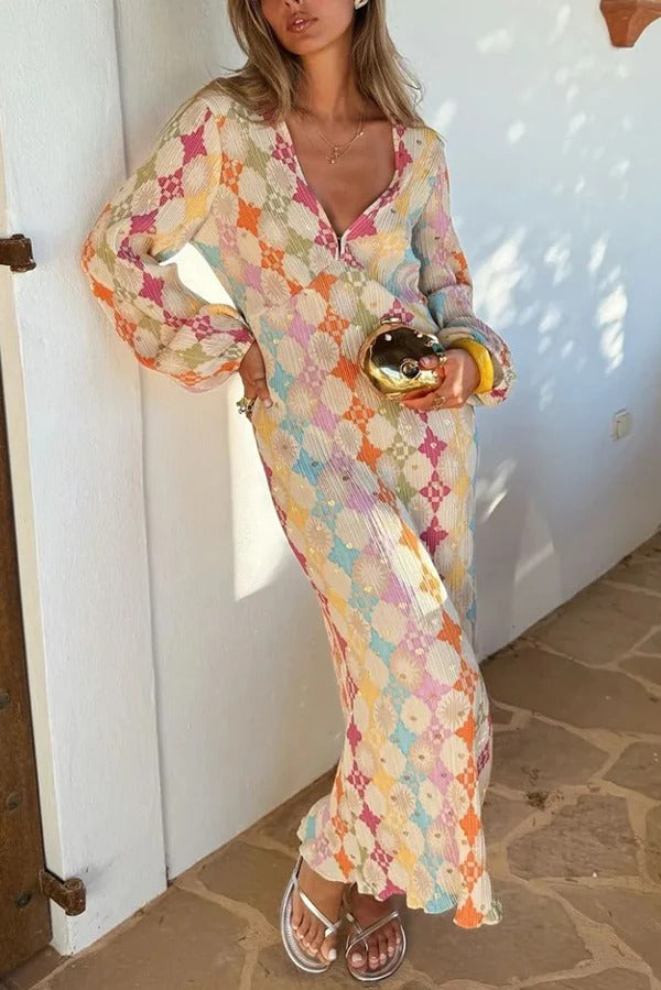 Wunderschönes, farbenfrohes Kimono-Midikleid mit Puffärmeln im Sunshine-Stil mit einzigartigem Print