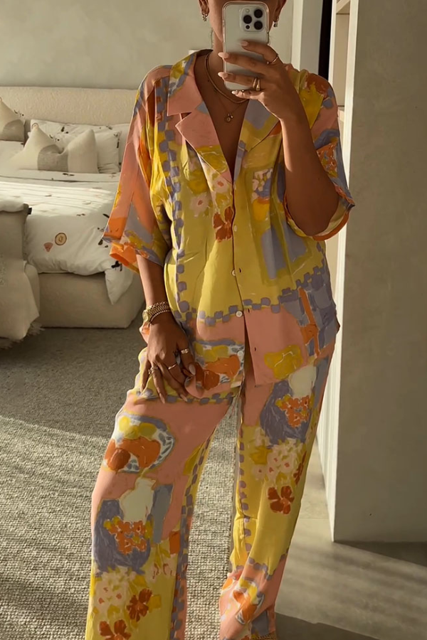 Lässiges zweiteiliges Set mit Ölgemälde-Print