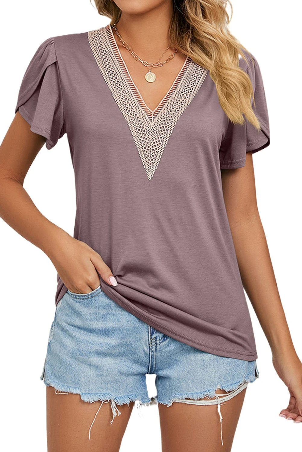 Lila Boho Top Blütenblatt Ärmel V-Ausschnitt T-Shirt