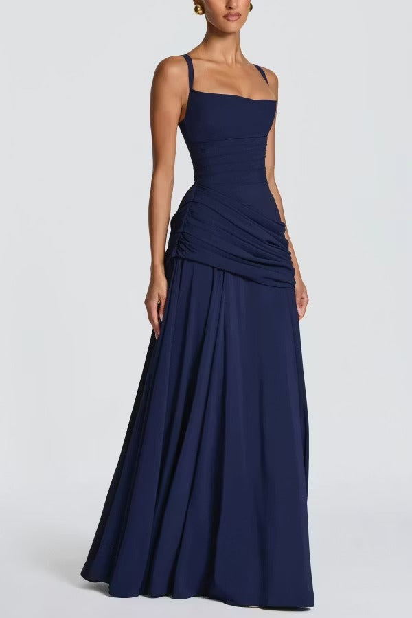 Stylish Spaghetti Strap Square Neck Slim-fit Elegant Pleated Maxi Dress