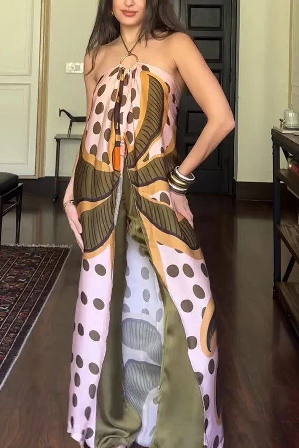 Junea Satin Polka Dot Unique Print Ring Halter Slit Midi Top and Elastic Waist Pocket Pants Set