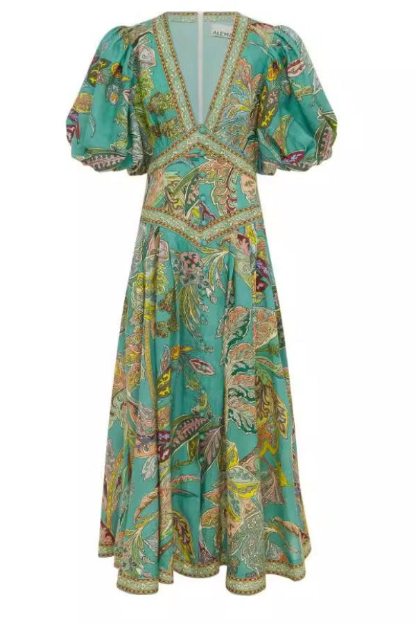 Retro-Midikleid mit V-Ausschnitt, Puffärmeln und Blumendruck