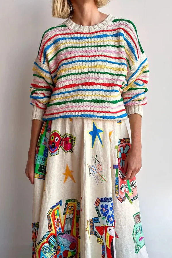 Miami Happy Hour – Midikleid aus Leinenmischung mit einzigartigem Aufdruck, gesmokten Rückentaschen