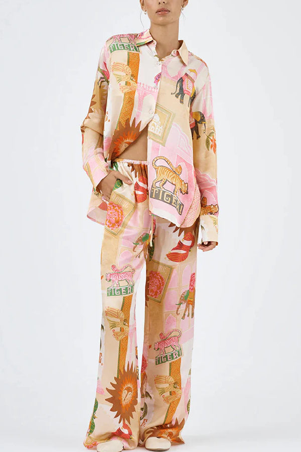 Einzigartiges, bedrucktes, lässiges Langarm-Shirt-Oberteil und lockere Hosen-Sets mit elastischer Taille