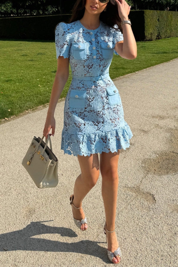 Luxury Beauty Embroidered Floral Lace Jewel Buttons Pocket Belted Mini Dress