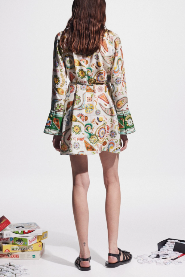 Mila Minikleid aus Leinenmischung mit einzigartigem Druck, geformtem Kragen und Bindegürtel in der Taille