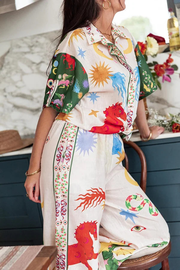 Bohemian Beauty Set mit einzigartigem Print, kurzärmligem, lockerem Hemd und Hose mit elastischer Taille