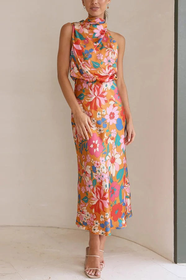 Robe longue fleurie à col licou et taille élastique Fascinating Day
