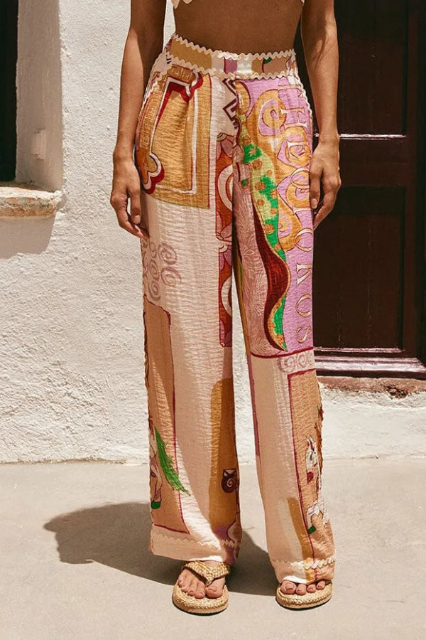 Tia Leinenmischung mit Zickzack-Besatz, einzigartigem Aufdruck, Tanktop + Hemd + Hosenset mit Taschen (3-teilig)