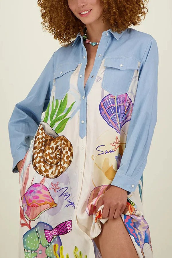 Take A Trip Marine Elements Einzigartiger Patchwork-Druck mit Taschen, langer Hemdmantel