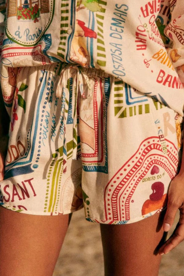 Ocean Drive Set aus Leinenmischung mit einzigartigem Druck und Oversize-Bluse und Shorts mit Taschen und elastischer Taille