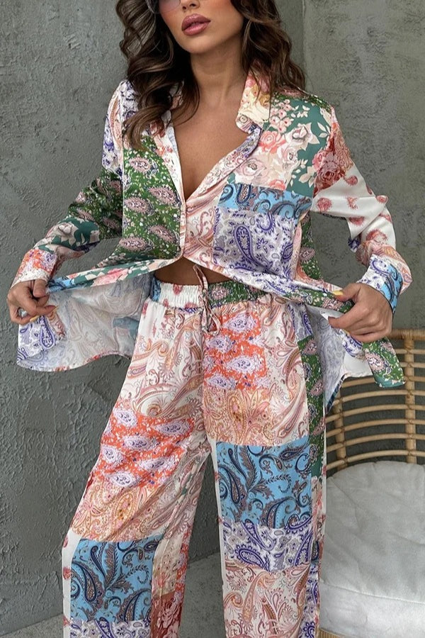 Einzigartiges Set aus Langarmhemd mit ethnischem Aufdruck und Hose mit elastischer Taille