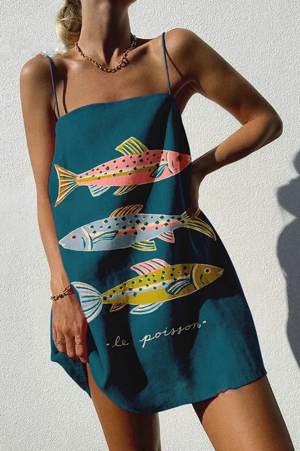 Einzigartiges sexy Minikleid mit Riemchen und Ozean-Print