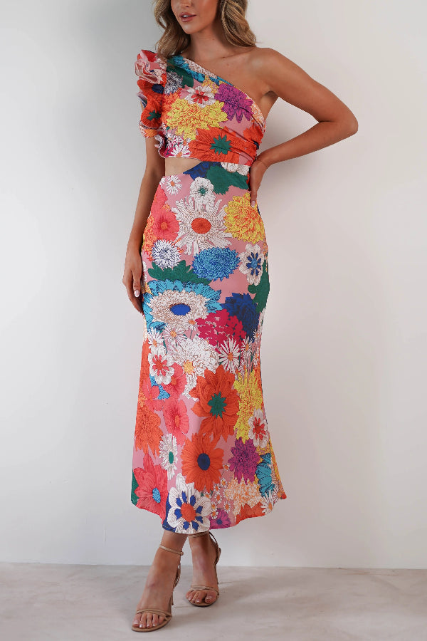 Bloom Wild – Midikleid mit Blumenmuster, One-Shoulder-Träger und Rüschenärmeln, Cut-Out-Taille