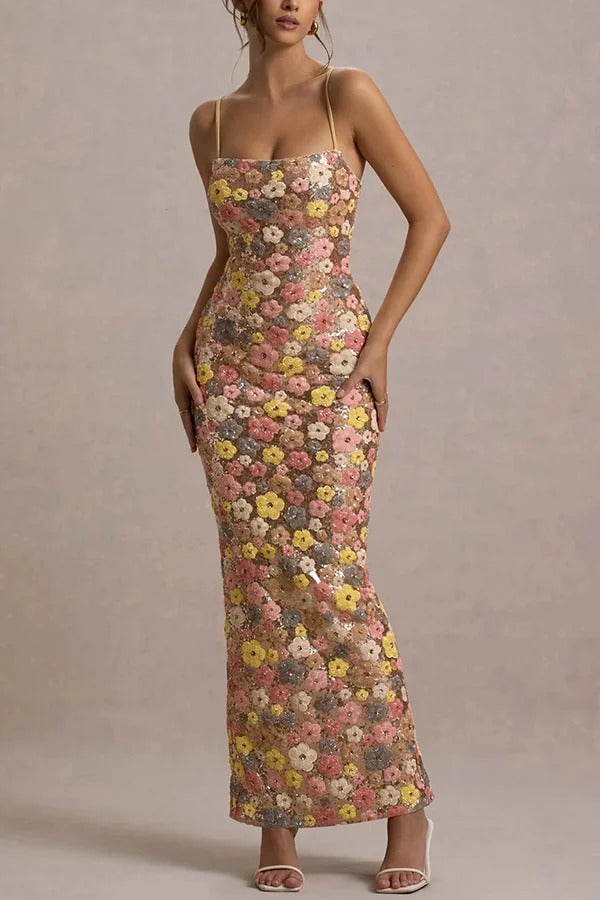 Stretch-Maxikleid im 80er-Jahre-Stil mit Blumenmuster, Pailletten und quadratischem Ausschnitt