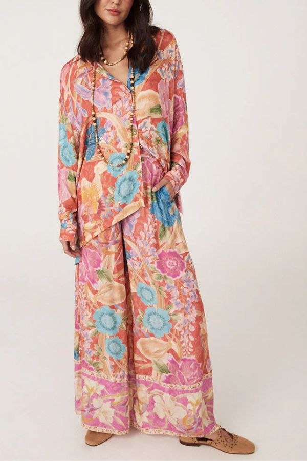 Painter's Garden – Boho-Hose mit Blumenmuster, elastischer Taille und weitem Bein