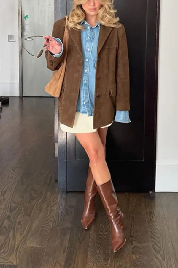 Vintage Revers Langarm Geknöpfte Lose Jacke