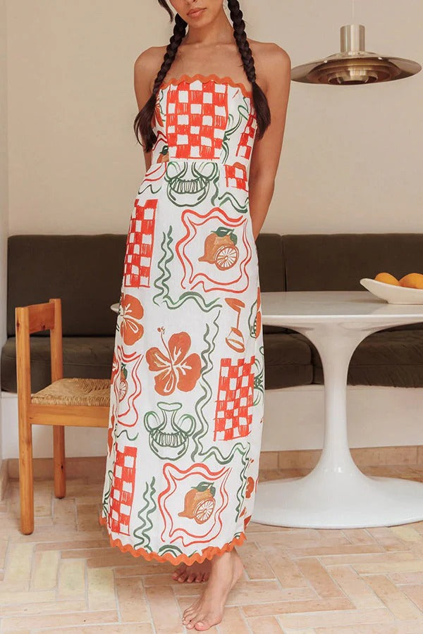 Cypress – Trägerloses Maxikleid mit einzigartigem Druck und Zickzack-Besatz auf der Rückseite