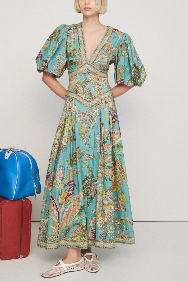 Retro-Midikleid mit V-Ausschnitt, Puffärmeln und Blumendruck