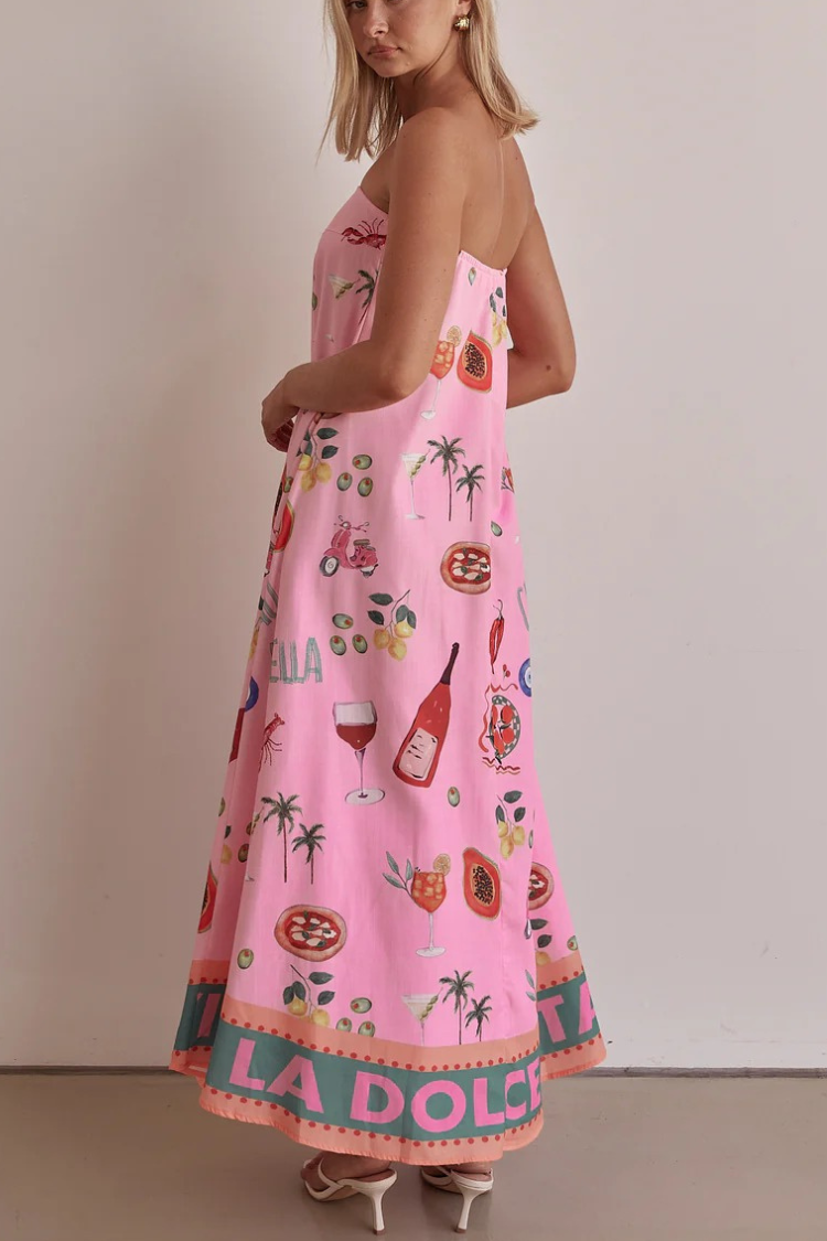 Feeling Fun – Schulterfreies, lockeres Maxikleid aus Leinenmischung mit einzigartigem Druck