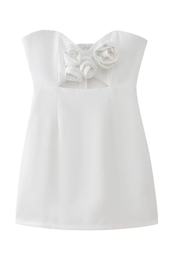 Sexy schulterfreies Minikleid mit dreidimensionaler Blume und Hohlsaum