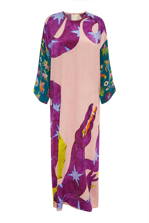 KÜNSTLERISCHES NATUR-SATIN-MAXIKLEID MIT EINZIGARTIGEM DRUCK, KONTRASTSCHLITZ UND ENTSPANNTEM URLAUB