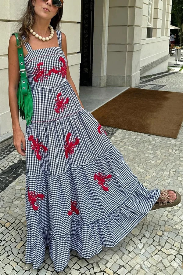 Robe longue d'été amusante à carreaux et imprimé homard, col carré et superpositions