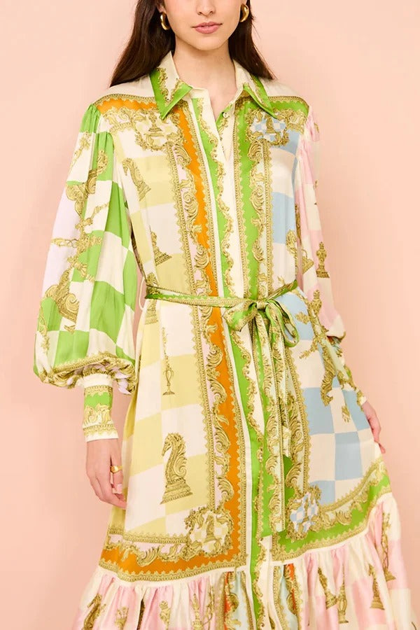 Garden Party Satin Maxikleid mit einzigartigem Druck und Ballonärmeln und Gürtel