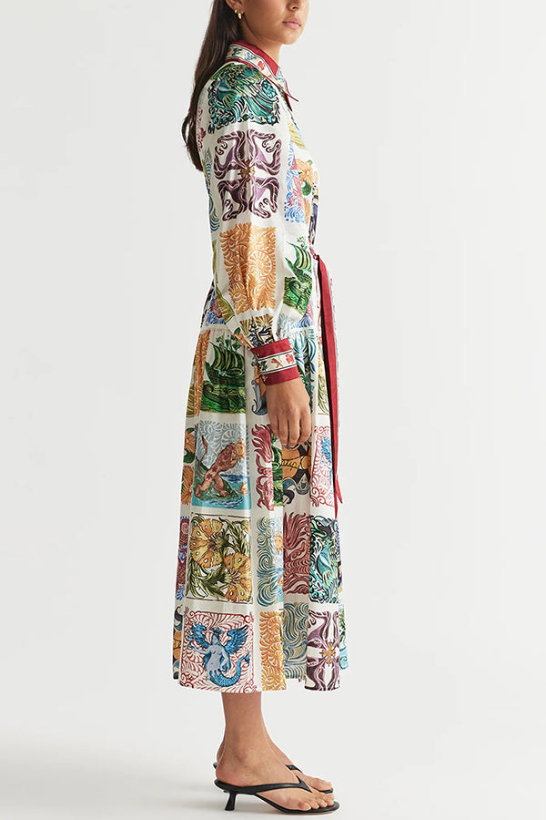 Wond A Land – Midikleid mit einzigartigem Print, Ballonärmeln, Gürtel und Taschen